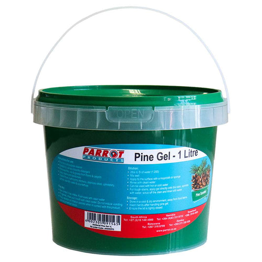 Green container of Parrot Products Pine Gel on a white background