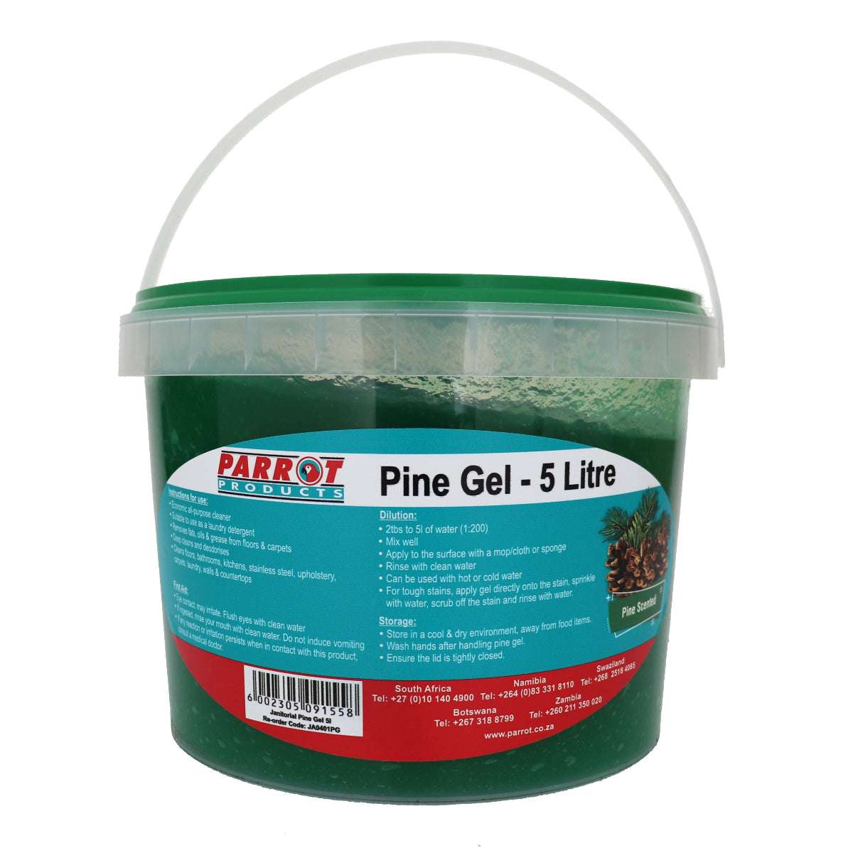 Green container of Pine Gel with Parrot Products label on a white background