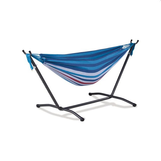 A striped blue and red OZtrail double hammock with a steel frame, displayed against a white background.