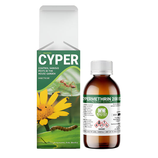 Cyper insecticide packaging and bottle on a white background