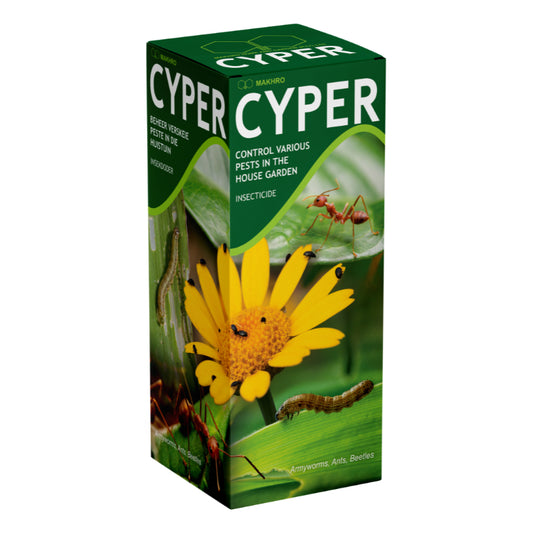 Cyper insecticide packaging with a green background and images of pests on a flower.
