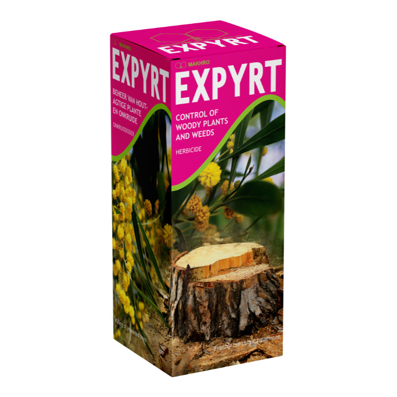 A bottle of Makhro Expyrt 480 EC herbicide with label showing usage for controlling woody plants and weeds.