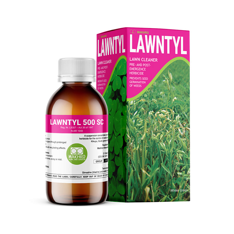 A product image featuring Makhro Lawntyl 500 SC herbicide in a bottle with a label and a box, indicating it is a lawn cleaner herbicide for pre- and post-emergence weed control.
