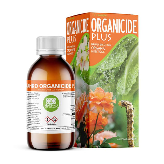 Bottle and packaging of Organicide Plus insecticide with green and orange design.