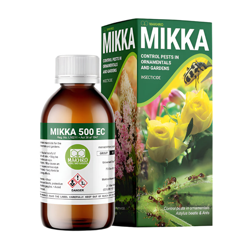 A product image showing two items related to the Mikka 500 EC insecticide. On the left is a bottle with a white cap, labeled Mikka 500 EC, and on the right is a box with the same branding and images of plants indicating its use in gardening.