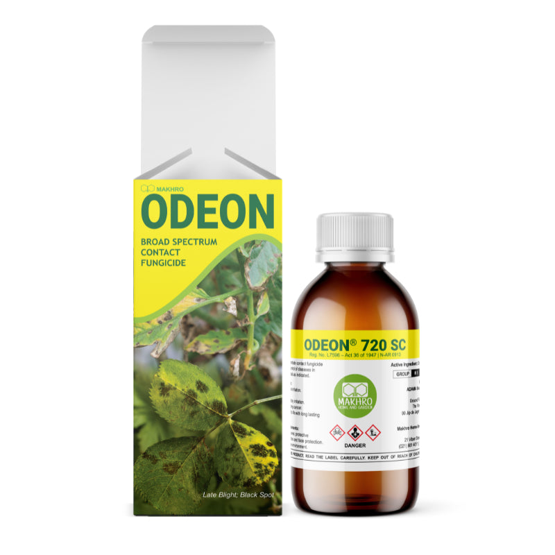 Odeon broad spectrum contact fungicide packaging and bottle on a white background