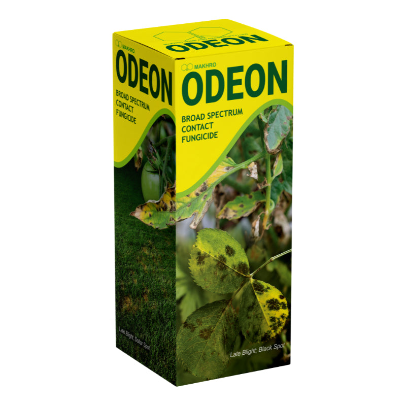 Box of Odeon broad spectrum contact fungicide with green leaves on a white background