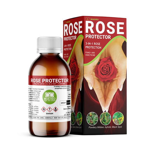 A bottle of Makhro Rose Protector placed next to its packaging box. The bottle is labeled with product information and the box features a rose illustration with the text 'ROSE PROTECTOR 3-in-1 ROSE PROTECTION'.