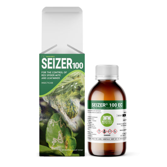 A product image featuring the packaging of 'Seizer 100 EC', which includes a bottle and a box with labeling and graphical representations of plants and pests.