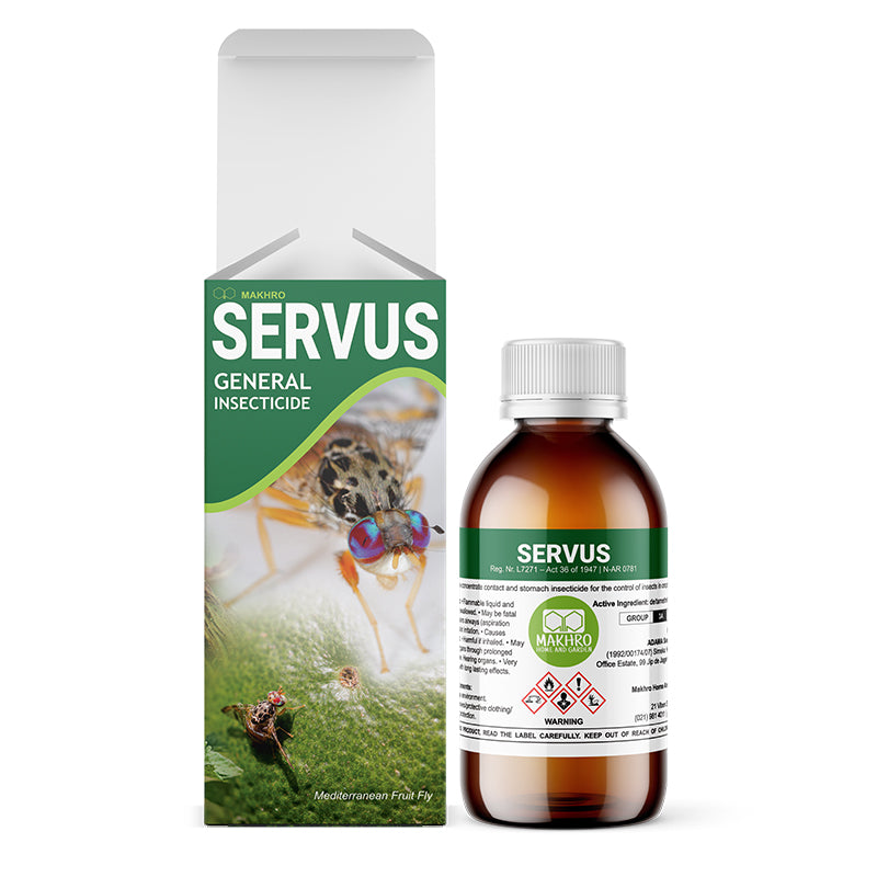 A product image showing a bottle and packaging box for 'Makhro Servus', an insecticide. The bottle is transparent with a white cap, and the box has an image of an insect and the product name.