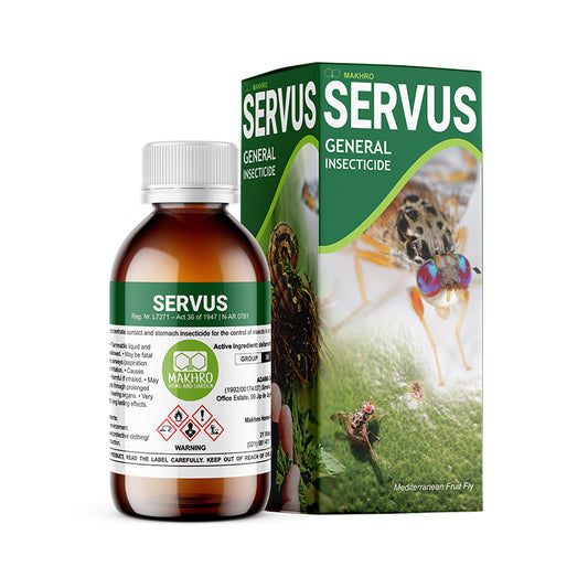 A product image showing a bottle and packaging box for 'Makhro Servus', an insecticide. The bottle is transparent with a white cap, and the box has an image of an insect and the product name.