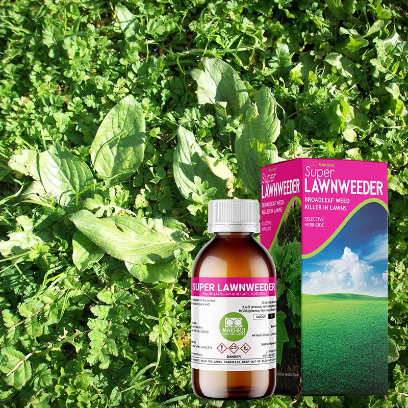 Super Lawnweeder bottle and packaging on a grass background