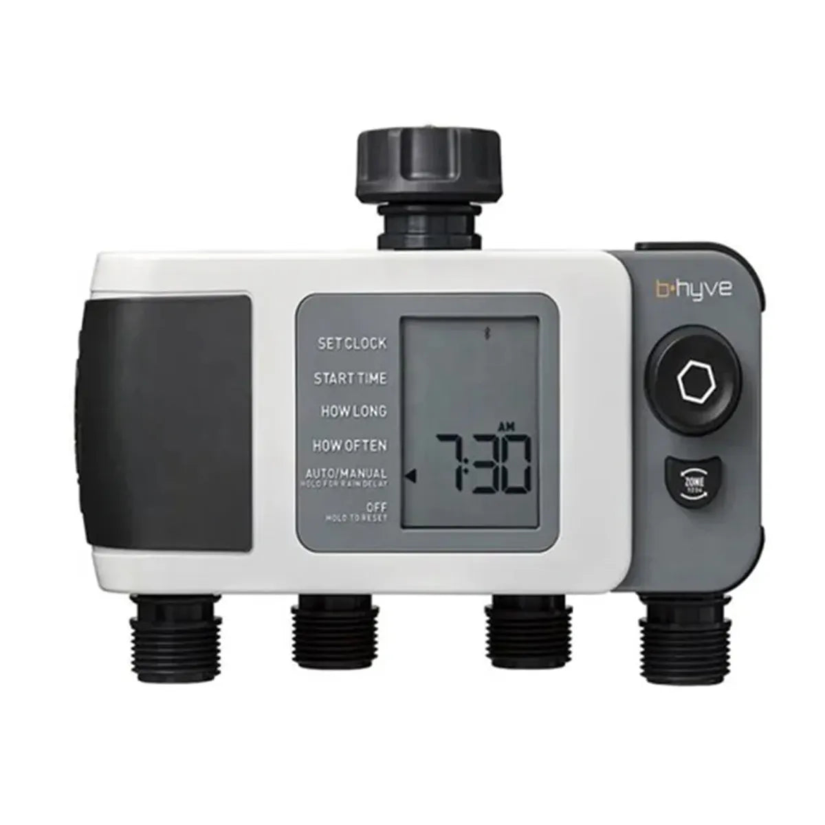 Orbit B-Hyve Smart Hose Tap Timer with a digital screen, multiple control buttons, and 4-port hose connections.
