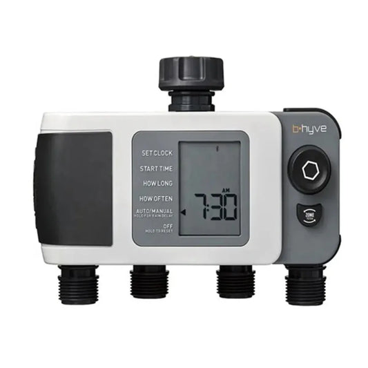 Orbit B-Hyve Smart Hose Tap Timer with a digital screen, multiple control buttons, and 4-port hose connections.
