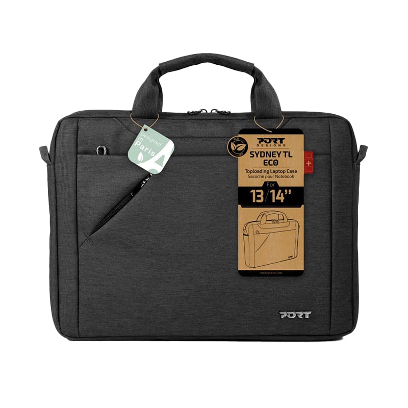 A black Port Designs Sydney toploading case for 13/14 inch laptops with a handle and a front pocket, featuring a product label.
