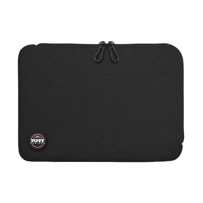 A black notebook sleeve with a zipper and a brand logo on the bottom right corner.