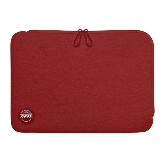 Red laptop sleeve with a brand logo on a white background
