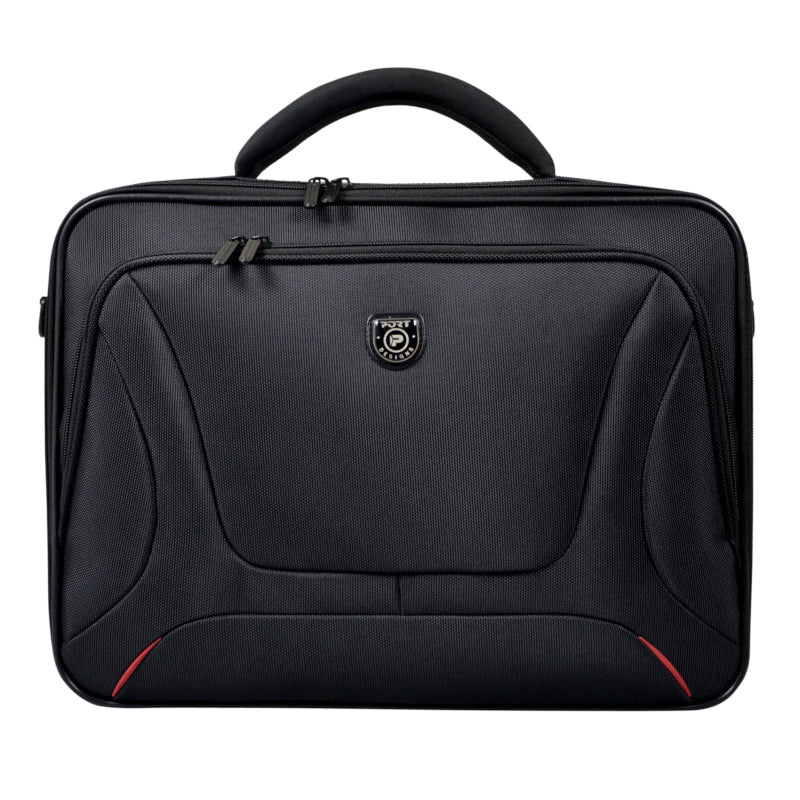 A black PORT Designs Courchevel Clamshell Case with a zipper opening, a handle on top, and a logo on the front. It also features a red accent on the lower side.