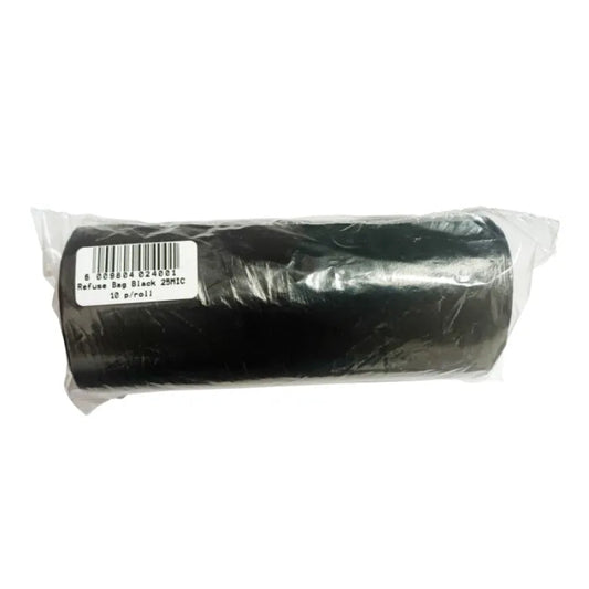 A roll of black refuse bags packaged in clear plastic, with a label showing product details.