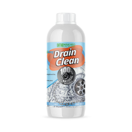 Bottle of drain cleaner with a clear label on a white background