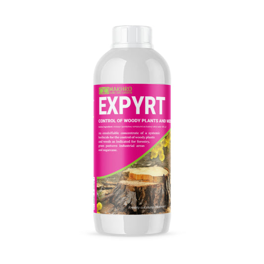 A bottle of Makhro Expyrt 480 EC herbicide with label showing usage for controlling woody plants and weeds.