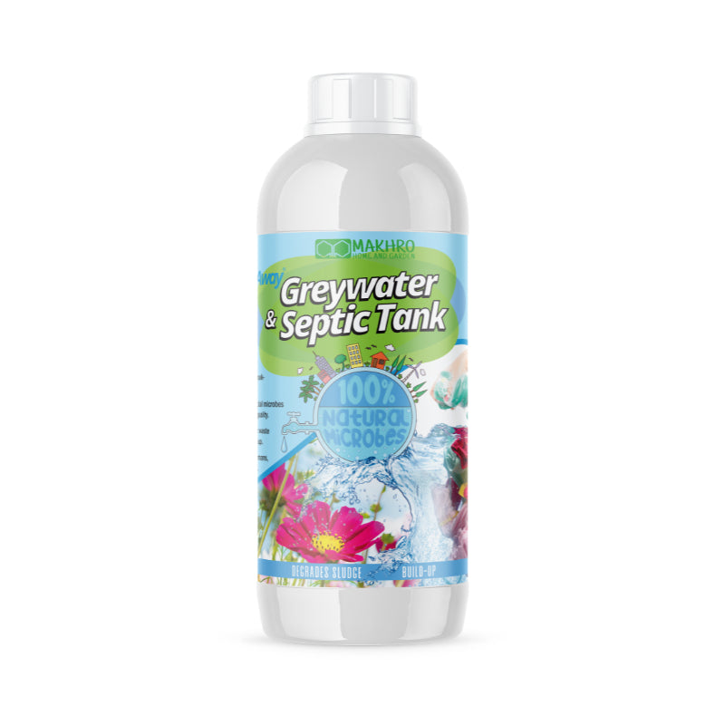 A bottle of Makhro Greywater & Septic Tank Cleaner with a label featuring floral patterns and the brand's logo.