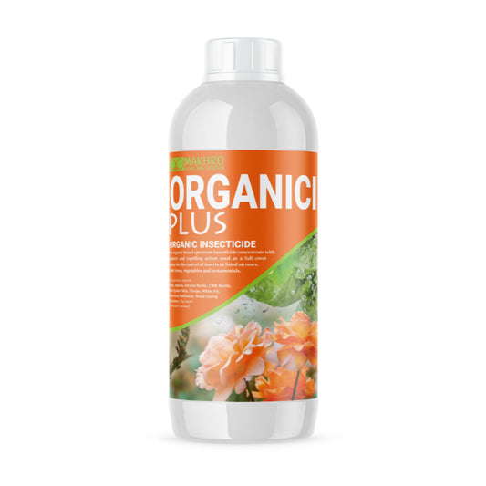 Bottle of Organicide Plus organic insecticide with a white background