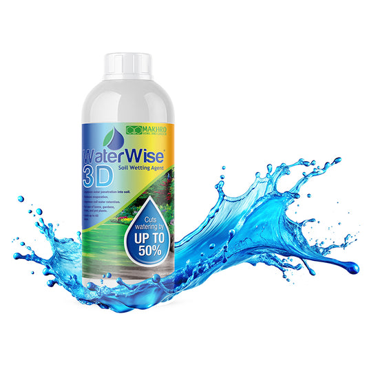 Bottle of WaterWise 3D Soil Wetting Agent with water splash on a white background