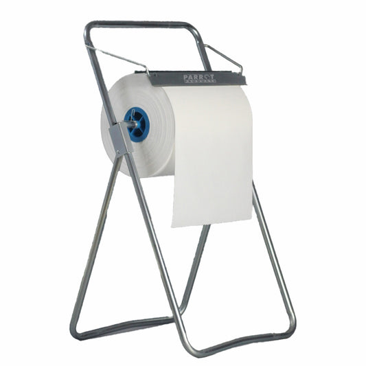 Metal paper towel holder with a roll of toilet paper on a white background