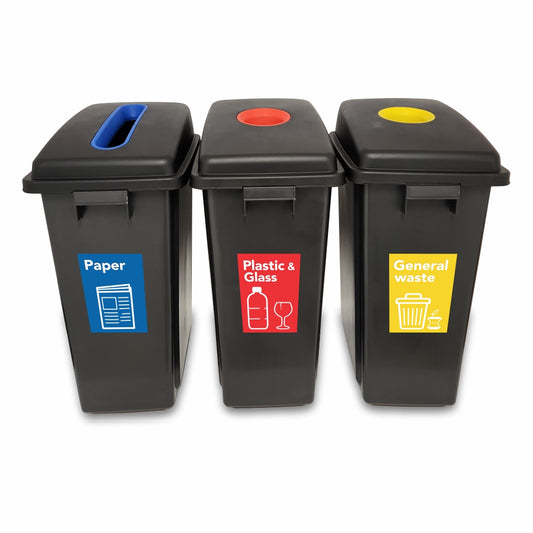 Three black recycling bins with labeled lids on a white background