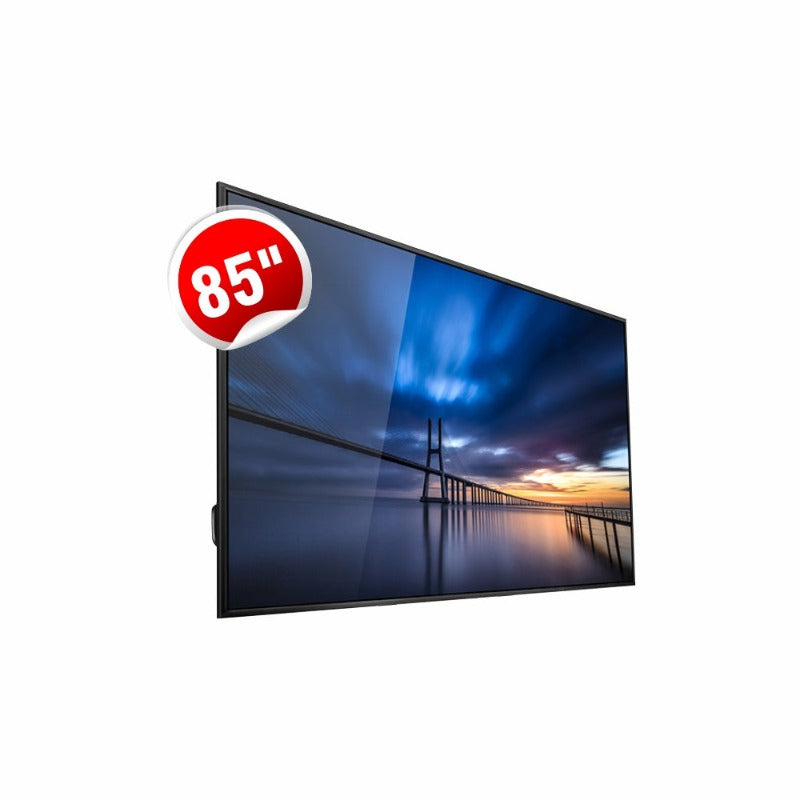 An 85-inch Parrot commercial display screen showing a vibrant image of a bridge at sunset, indicating high resolution and quality.