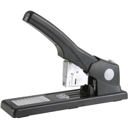 A black heavy-duty stapler capable of stapling multiple pages, with a metal staple cartridge visible.