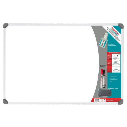Parrot Slimline Aluminium Frame Non-Magnetic Whiteboard with a grey marker and eraser tray, and a display of the product with images and text.
