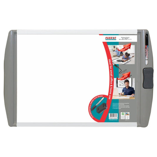 Parrot Slimline Aluminium Frame Non-Magnetic Whiteboard with a grey marker and eraser tray, and a display of the product with images and text.
