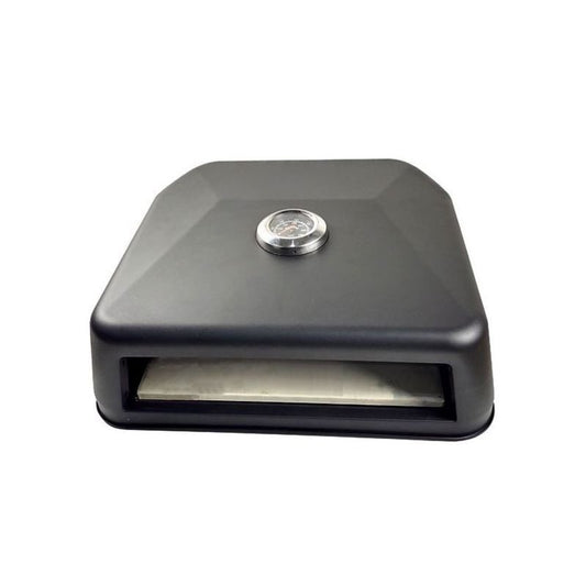 A black portable pizza oven with a viewing window and a temperature gauge on the top.