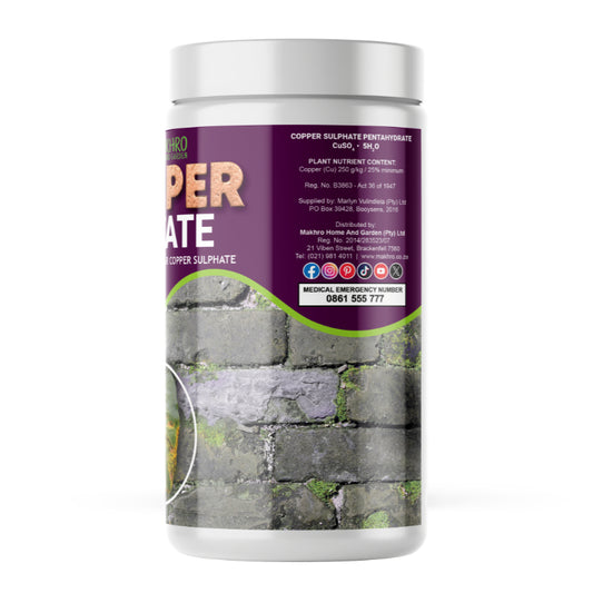 Container labeled 'Copper Sulphate' with a purple label and stone wall image on a white background