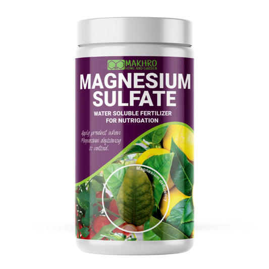 Makhro Magnesium Sulfate fertilizer container with a purple label and green leaf graphics on a white background.