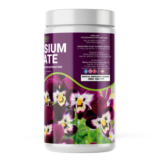 Fertilizer container with purple label featuring flowers on a white background