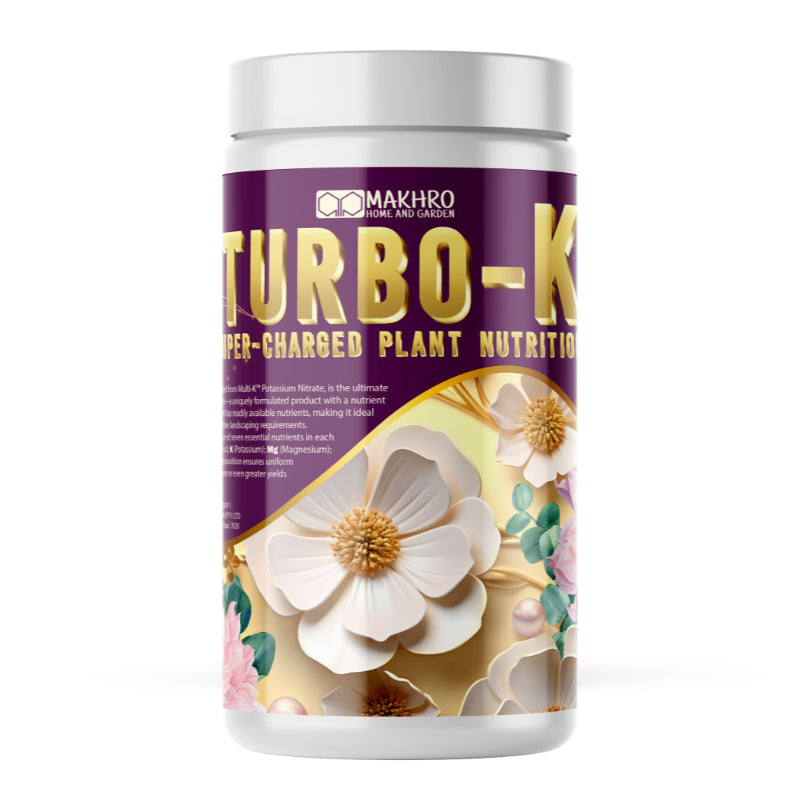 Makhro Turbo-K super-charged plant nutrition container with floral design on a white background