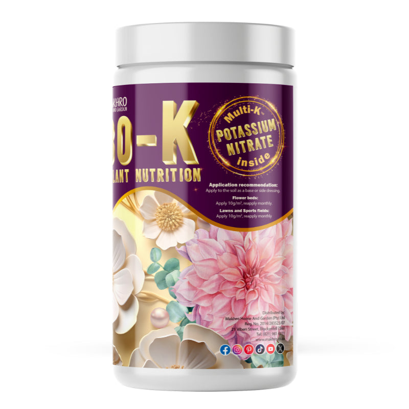 Fertilizer container with floral design and text on a white background