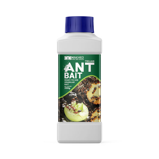 Ant bait container with blue cap and green label on a white background