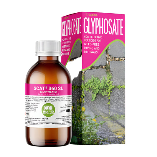 A product packaging for Makhro Glyphosate 360 SL herbicide, featuring a bottle and box with branding and usage information.