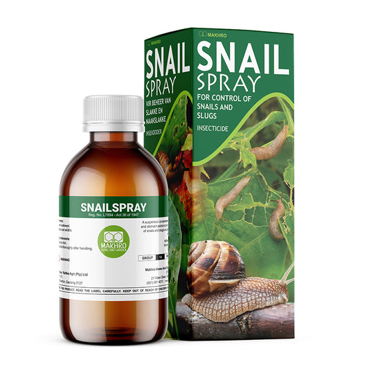 Snail spray bottle and packaging with a snail on a leaf.