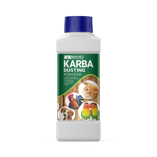 A bottle of Makhro Karba 50 DP dusting powder with a label showing various animals and plants, indicating its use for pest control in agricultural and home settings.