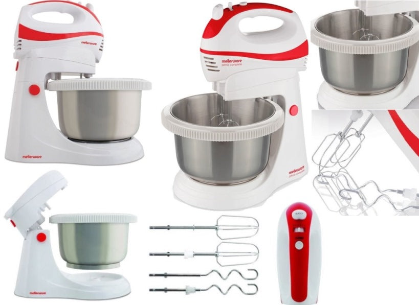 Mellerware stand mixer with attachments on a white background