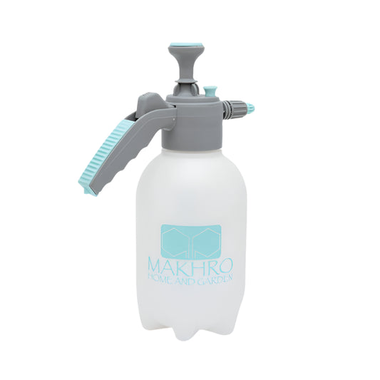 White spray bottle with gray nozzle and blue logo on a white background