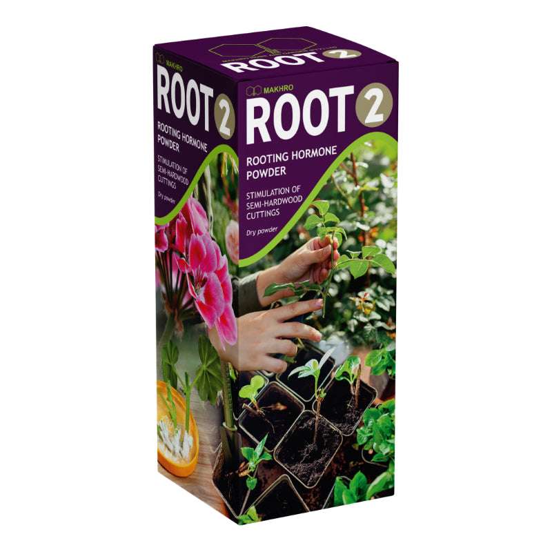 Box of Root 2 rooting hormone powder with gardening imagery on a white background