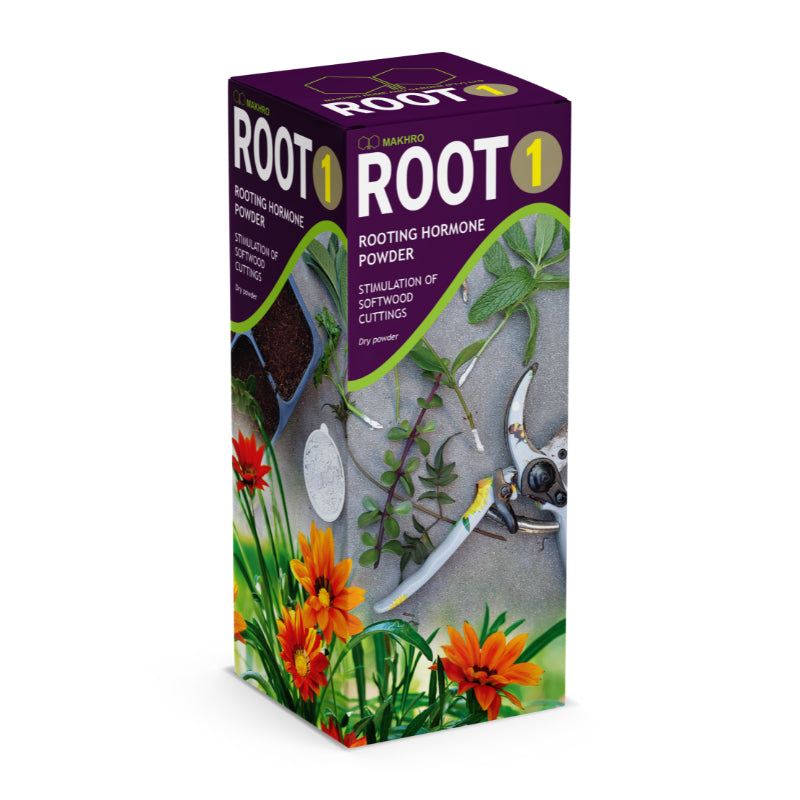 Box of rooting hormone powder with gardening imagery on a white background