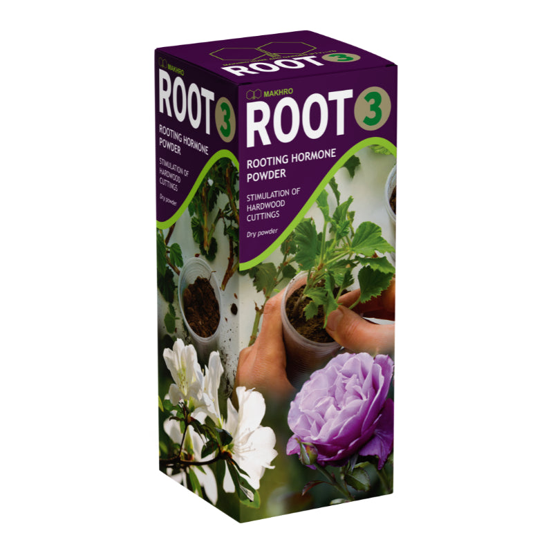 Box of Root 3 rooting hormone powder with images of plants and hands on a white background