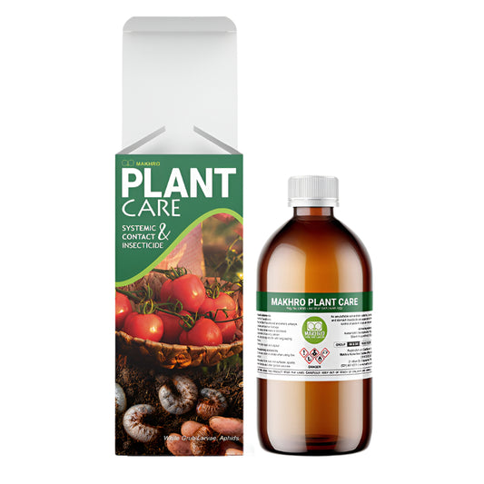 Bottle and packaging of Makhro Plant Care systemic and contact insecticide with tomato imagery on a white background